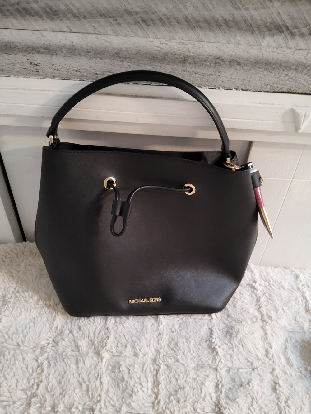 Michael Kors Black Leather Drawstring Shoulder Bag with Gold Hardware